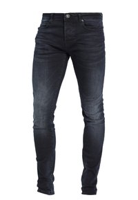 Jeans in denim blu scuro con una vestibilità slim, caratterizzati da un design a cinque tasche e una chiusura con singolo bottone. Il tessuto presenta un leggero sbiadimento.