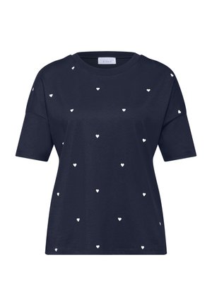 Granatowy t-shirt z krótkim rękawem z małymi białymi wzorami serc równomiernie rozłożonymi na tkaninie.