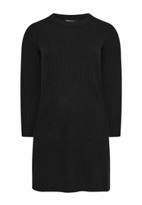 Abito nero a costine in maglia con maniche lunghe, scollatura rotonda e silhouette diritta. Texture morbida con righe verticali in tutto l'abito.
