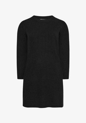 Schwarzes, geripptes Strickkleid mit langen Ärmeln, einem runden Ausschnitt und einer geraden Silhouette. Weiche Textur mit vertikalen Linien.