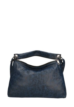 Marineblauwe leren handtas met een gestructureerde oppervlakte, bovenste ritssluiting en dubbele handgreep opties voor het dragen. Voorzien van accenten in zilverkleurig hardware.