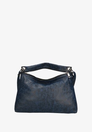 Sac à main en cuir bleu marine avec une surface texturée, fermeture zippée sur le dessus et deux options de poignées pour le transport. Comprend des accents en matériel argenté.