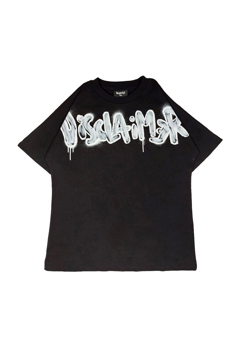 T-shirt nera oversize in cotone. Presenta la scritta bianca spray "DISCLAIMER" con effetto gocciolante sul davanti. Maniche corte.