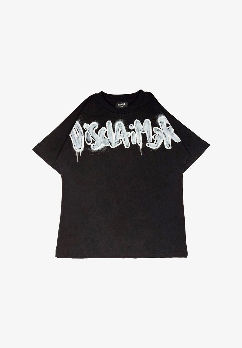 T-shirt nera oversize in cotone. Presenta la scritta bianca spray "DISCLAIMER" con effetto gocciolante sul davanti. Maniche corte.