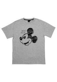 T-shirt in cotone grigio con grafica nera del volto di Topolino e la scritta "MICKEY MOUSE" sopra il design. Maniche corte.