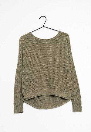Long-sleeve olive green knit sweater with ribbed cuffs and hem, hanging on a thin black clothes hanger against a white background.