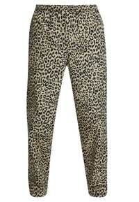 Leopard-print pants with a beige background, featuring an elastic waistband, a relaxed fit, and a smooth fabric texture.