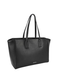 Schwarze, strukturierte Leder-Tote mit zwei langen Trägern und kleinem silbernen "JOOP! JEANS"-Logo in der Mitte der Vorderseite.