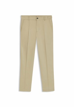Beige bukser lavet af glat stof, med lige ben design, frontlommer og en enkelt knaplukning i taljen.