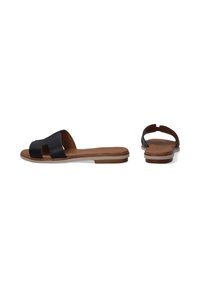 Black leather slide sandals with an open toe design, featuring a minimalist strap pattern and a flat, brown rubber sole.