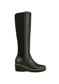 Bottes noires montantes en cuir texturé sur la partie inférieure et en tissu mat sur la partie supérieure, avec une semelle compensée et peu de détails en métal.