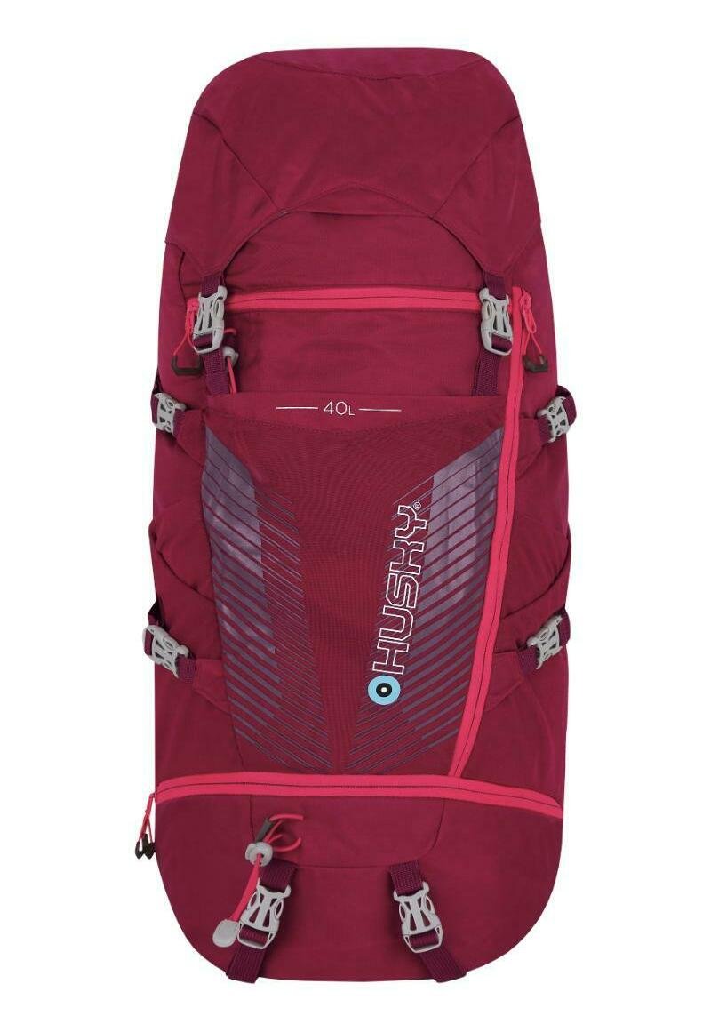 Vínová batoh s kapacitou 40 litrů, vybavený světle šedými akcenty, nastavitelnými popruhy a síťovanou panely s diagonálními vzory.