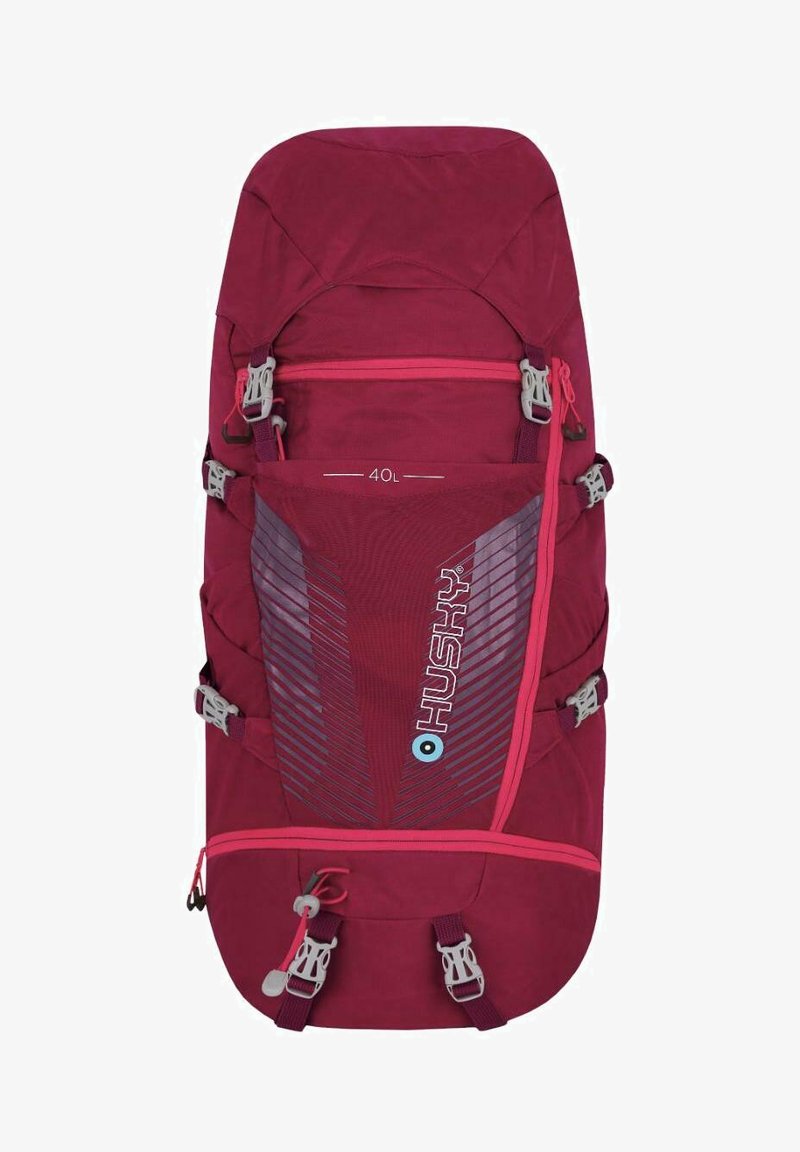 Vínová batoh s kapacitou 40 litrů, vybavený světle šedými akcenty, nastavitelnými popruhy a síťovanou panely s diagonálními vzory.