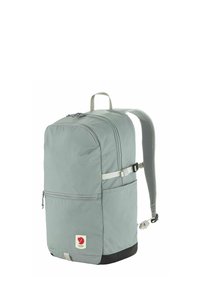 Zaino in tessuto grigio con forma rettangolare, scomparti con cerniera, spallacci regolabili e una base nera. Logo sul davanti.