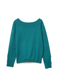 Petrolejový pletený svetr s designem na jedno rameno, vroubkovaným výstřihem, dlouhými rukávy a knoflíkovými detaily na manžetách. Hladká struktura po celém obvodu.