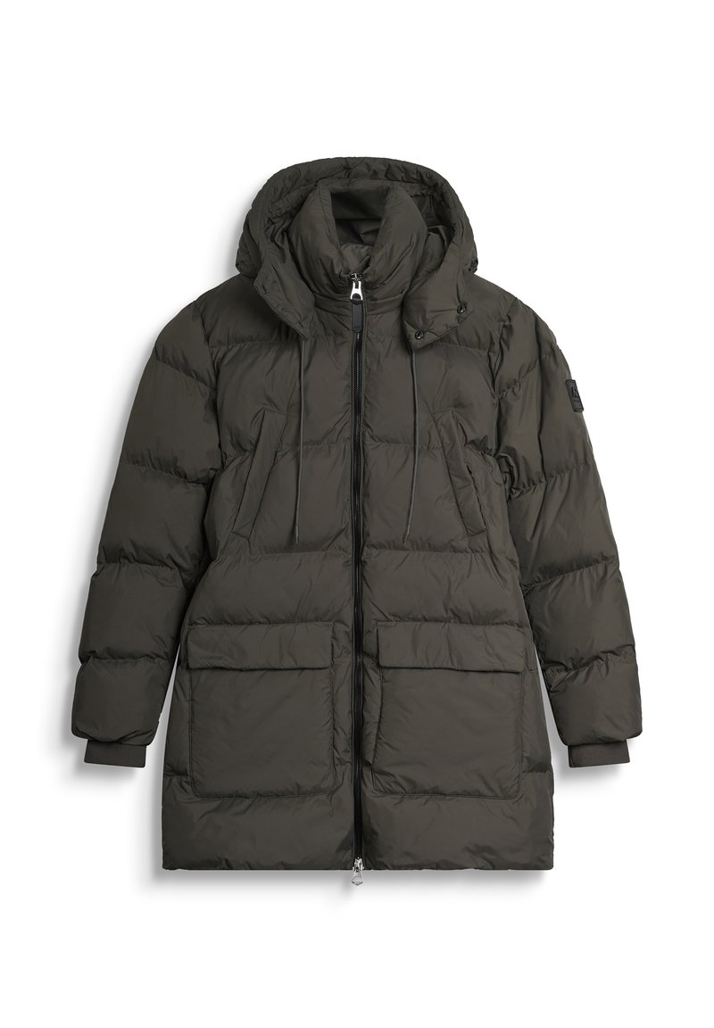 La chaqueta de plumón verde oscuro presenta una capucha, cierre frontal con cremallera y dos bolsillos frontales. El material está acolchado con un acabado suave y puños elásticos.