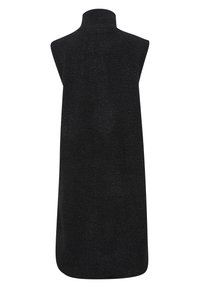 Gilet in pile nero con colletto alto, vestibilità ampia e superficie testurizzata. Presenta un design semplice senza maniche e una silhouette pulita.