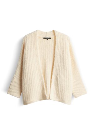 Cream-colored knitted cardigan with an open front and long ribbed sleeves, displayed against a white background.