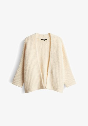 Cream-colored knitted cardigan with an open front and long ribbed sleeves, displayed against a white background.