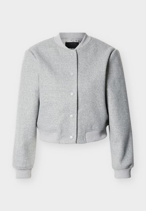 Light gray wool blend bomber jacket with snap buttons, ribbed collar, cuffs, and hem, shown against a white background.