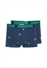 Granatowe bokserki z zielonym paskiem "HENDERSON", ozdobione nadrukiem choinek, lasek cukrowych i świątecznych motywów w wesołych kolorach.