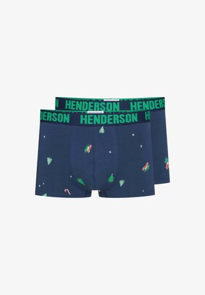 Granatowe bokserki z zielonym paskiem "HENDERSON", ozdobione nadrukiem choinek, lasek cukrowych i świątecznych motywów w wesołych kolorach.