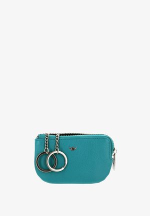 Small teal leather pouch with zipper closure, two metal key rings on chains attached, and a small winged logo on front.