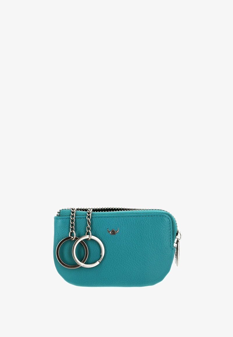 Petit étui en cuir bleu sarcelle avec fermeture éclair, deux anneaux métalliques pour clés sur chaînes et un petit logo ailé à l'avant.