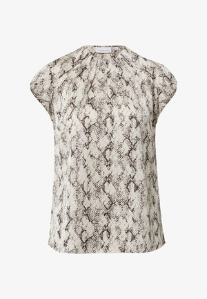 Bluzka bez rękawów z okrągłym dekoltem, z wzorem w białe i brązowe wężowe skórki. Wykonana z gładkiego materiału o luźnym kroju. Detal z guzikami z przodu.