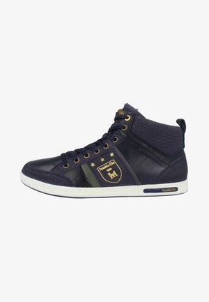 Navy high-top sneakers made of leather, featuring gold accents, logo on the side, and a white sole with a blue stripe.