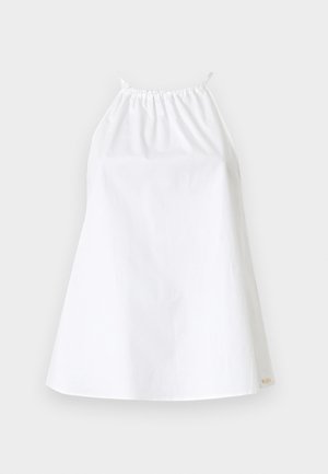 Top alb de tip halter, realizat dintr-un material ușor, cu un decolteu și bretele elasticizate. Design simplu, lejer, fără modele sau embellishments.