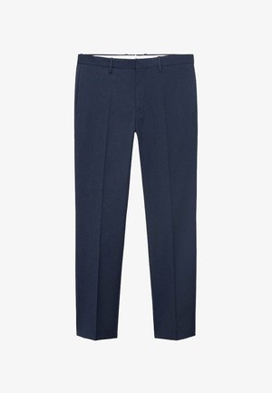 Pantaloni tailored bleu marin, confecționați dintr-un material neted, cu un design drept, având pliseuri frontale și buzunare laterale.