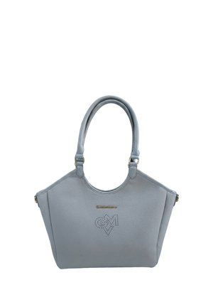 Borsa a mano in pelle azzurro chiaro con doppi manici arrotondati, logo del marchio dorato e design a cuore traforato sul davanti.