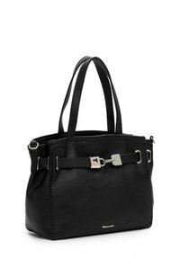 Black leather tote bag with two handles, a metal clasp detail, silver hardware, and a textured finish. Features a subtle brand logo on the front.