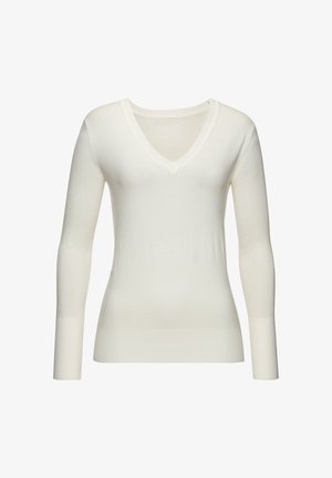 Maglione a maniche lunghe a scollo a V in off-white, realizzato in morbida maglia con orli e polsini a costine; texture liscia e design aderente.