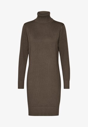 Hnědý pletený svetr s výstřihem do stojáčku, dlouhými rukávy, žebrovanými manžetami a mírně uvolněným střihem. Hladká textura s minimálními detaily.