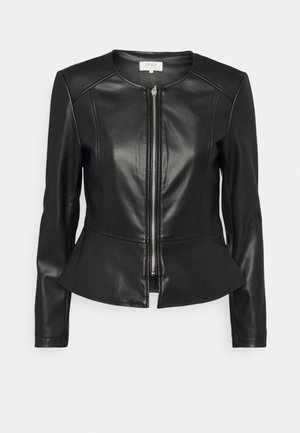 Black leather jacket with a fitted design, peplum waist, and a front zipper. Features a round neck and long sleeves with subtle stitching details.