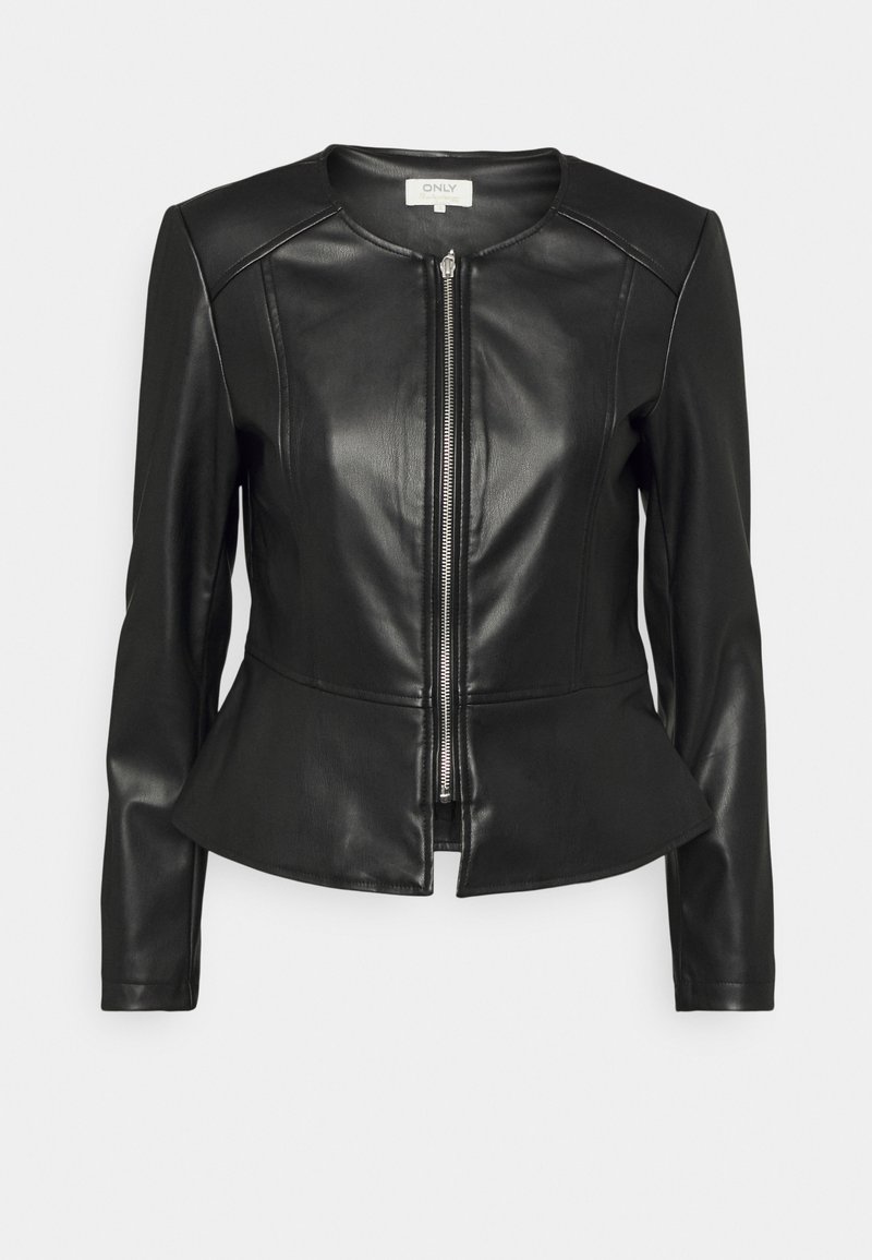 Zwarte leren jasje met een getailleerd ontwerp, peplum taille en een rits aan de voorkant. Heeft een ronde hals en lange mouwen met subtiele stikdetails.