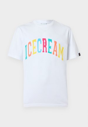 Biała bawełniana koszulka z napisem „ICECREAM” w wielokolorowym, zabawnym stylu. Klasyczny, okrągły dekolt i krótkie rękawy.
