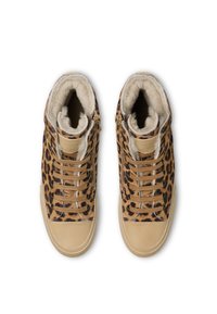 High-top sneakers featuring a leopard print textile upper with beige leather accents and a soft interior lining. Laces and side zipper included.