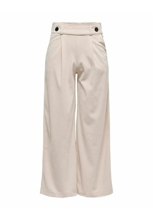 Lichtbeige wijde broek van gestructureerd materiaal, met een geplooide voorkant en twee zwarte knopen op de tailleband.