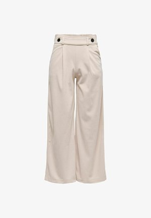 Helle beige Weitbein-Hosen aus strukturiertem Material, mit plissiertem Vorderteil und zwei schwarzen Knöpfen am Bund.