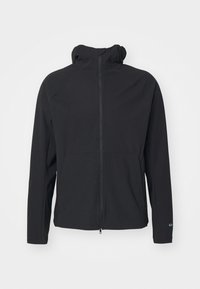 Schwarze Zip-Jacke mit Kapuze, aus einem glatten, flexiblen Stoff gefertigt. Verfügt über lange Ärmel und ein minimalistisches Design ohne Verzierungen.