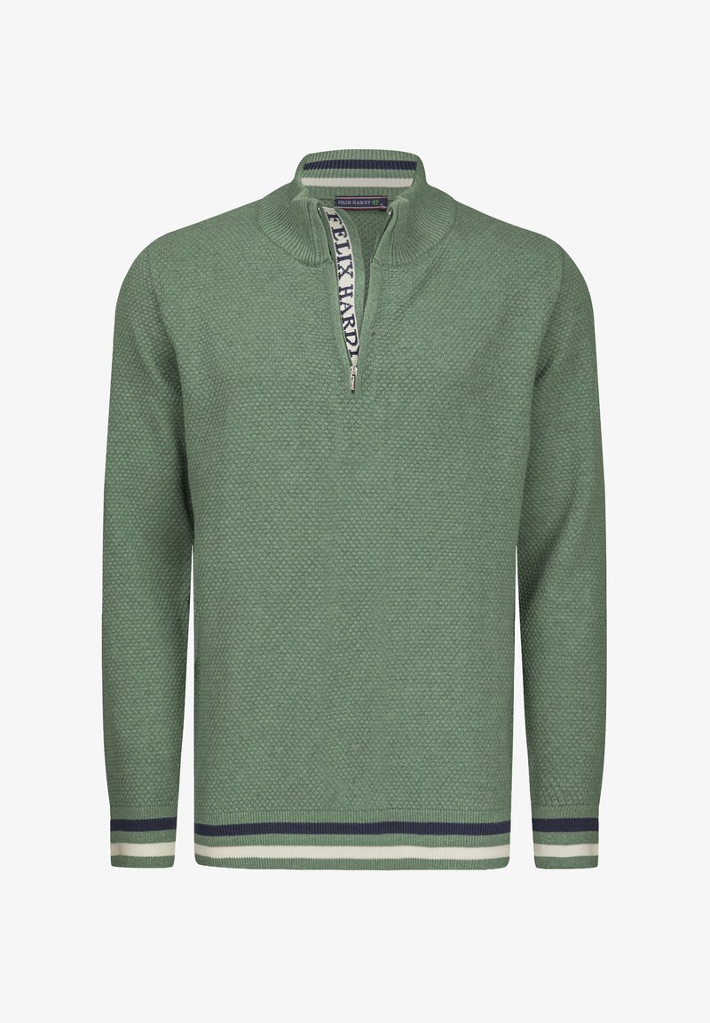 Suéter de punto verde con cuello con media cremallera. Presenta un patrón texturizado y un ribete a rayas en navy y crema en el cuello y el dobladillo.