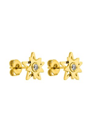 Goldene sternförmige Ohrstecker mit klaren mittigen Edelsteinen und Schmetterlingsverschluss, dargestellt auf weißem Hintergrund.