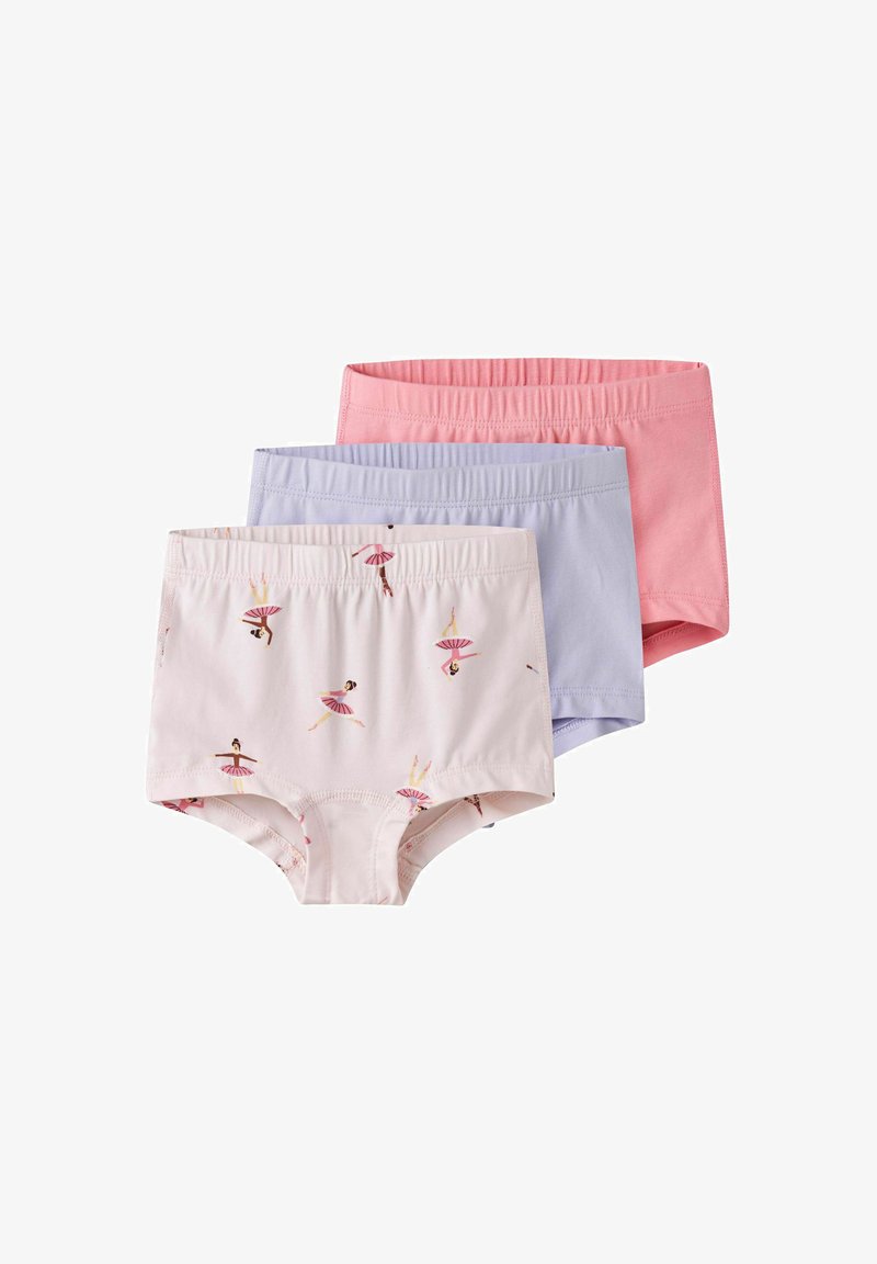 Dreierpack Shorts, bestehend aus einer hellrosa Hose mit einem Ballettdruck, einer einfarbigen blauen Hose und einer einfarbigen rosa Hose. Aus weichem Baumwollmaterial mit elastischem Taillenbund.