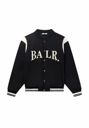 Zwarte varsityjack met witte accenten, geribbelde kraag, knoopsluiting en "BA.LR." lettering op de voorkant. Zachte stof, losse pasvorm.