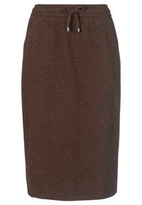 Jupe mi-longue à motif chevron marron. Conçue avec une taille à cordon de serrage et un tissu texturé, comportant des accents métalliques aux liens.