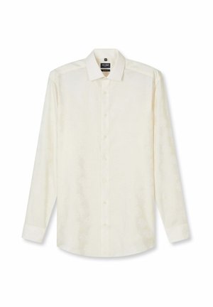 Wit overhemd met lange mouwen, knoopsluiting aan de voorkant en klassieke kraag, plat uitgestald tegen een witte achtergrond.