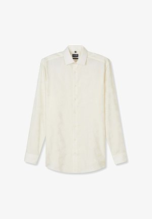 Langärmliges weißes Hemd mit Knopfleiste und klassischem Kragen, flach auf weißem Hintergrund präsentiert.